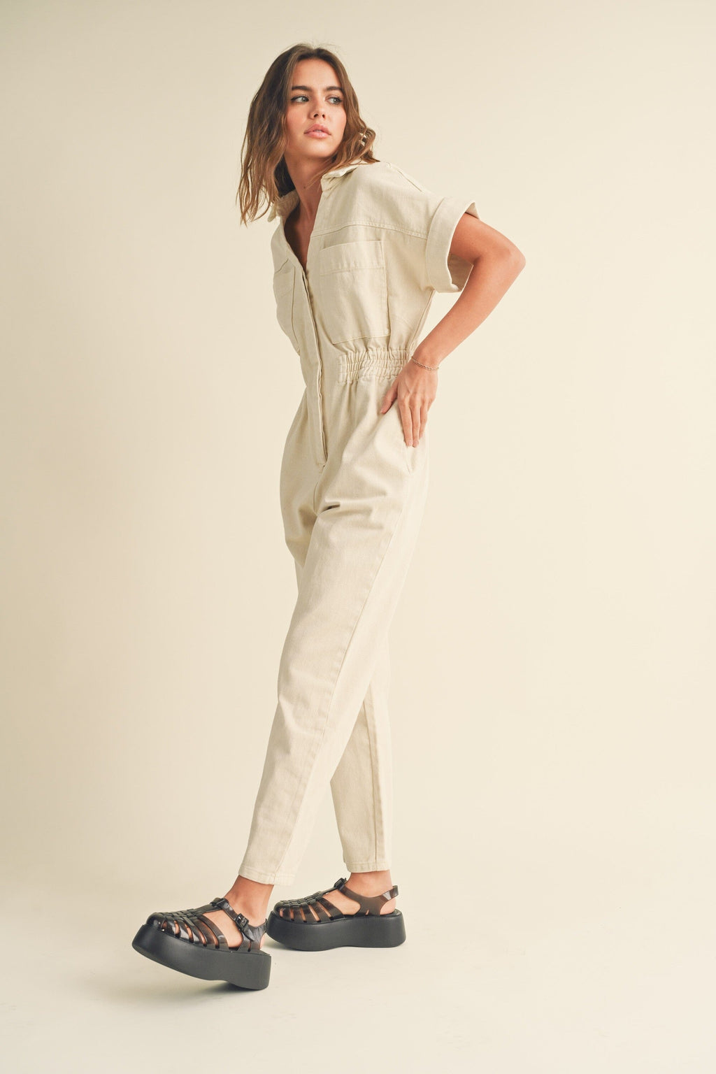 The Avery Short Sleeve Jumpsuit - Beige