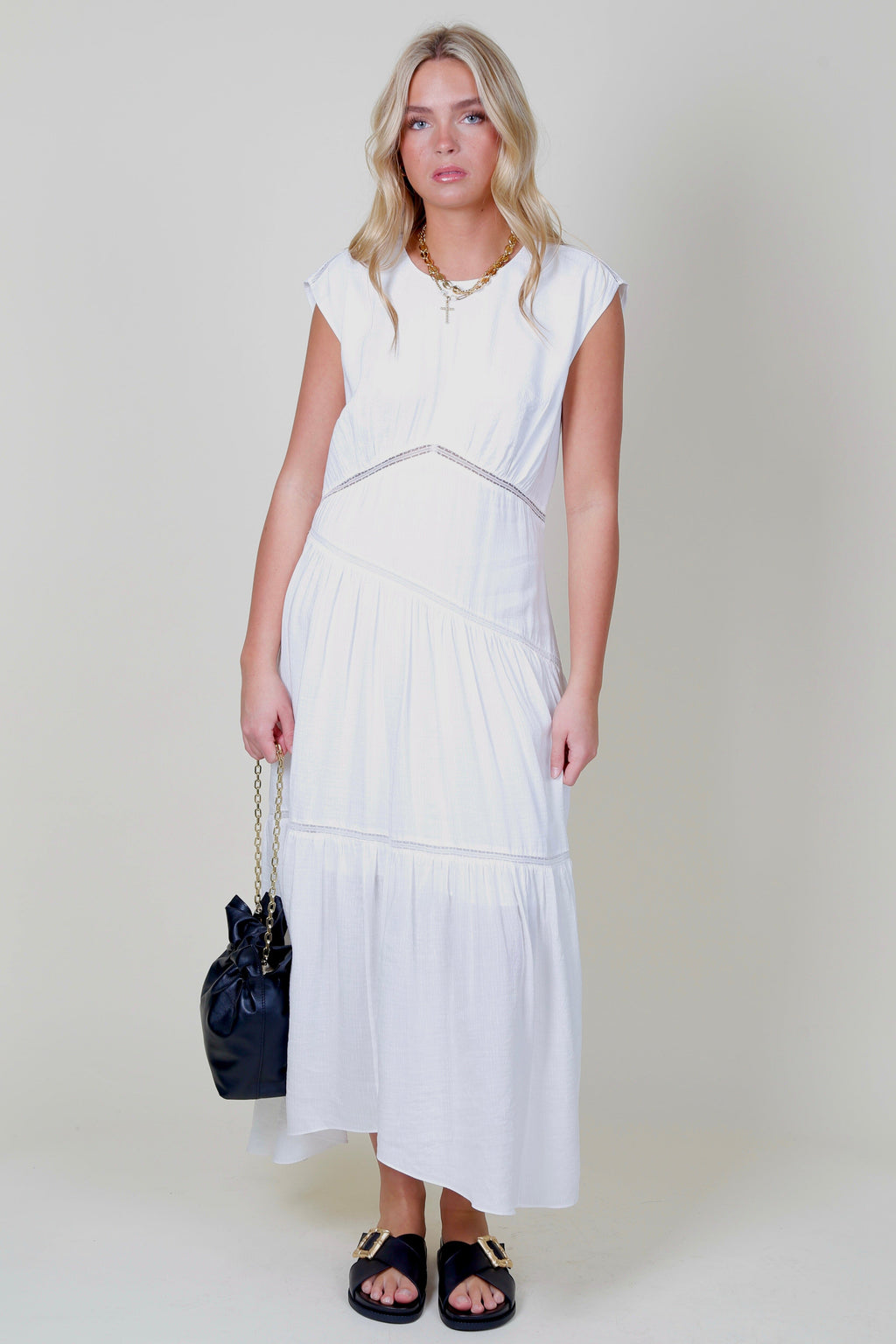 FRAME | Gathered Seam Lace Inset Dress - White