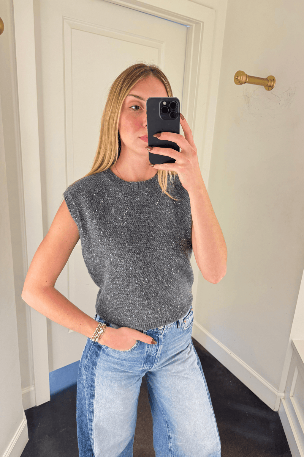 LUCY PARIS | Mikey Sequin Knit Top - Grey