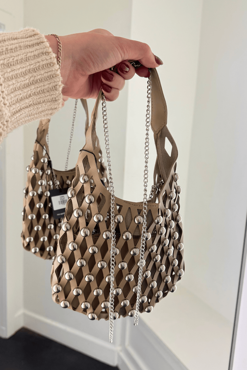 NEW COLOR | Studded Crossbody Bucket Bag - Taupe