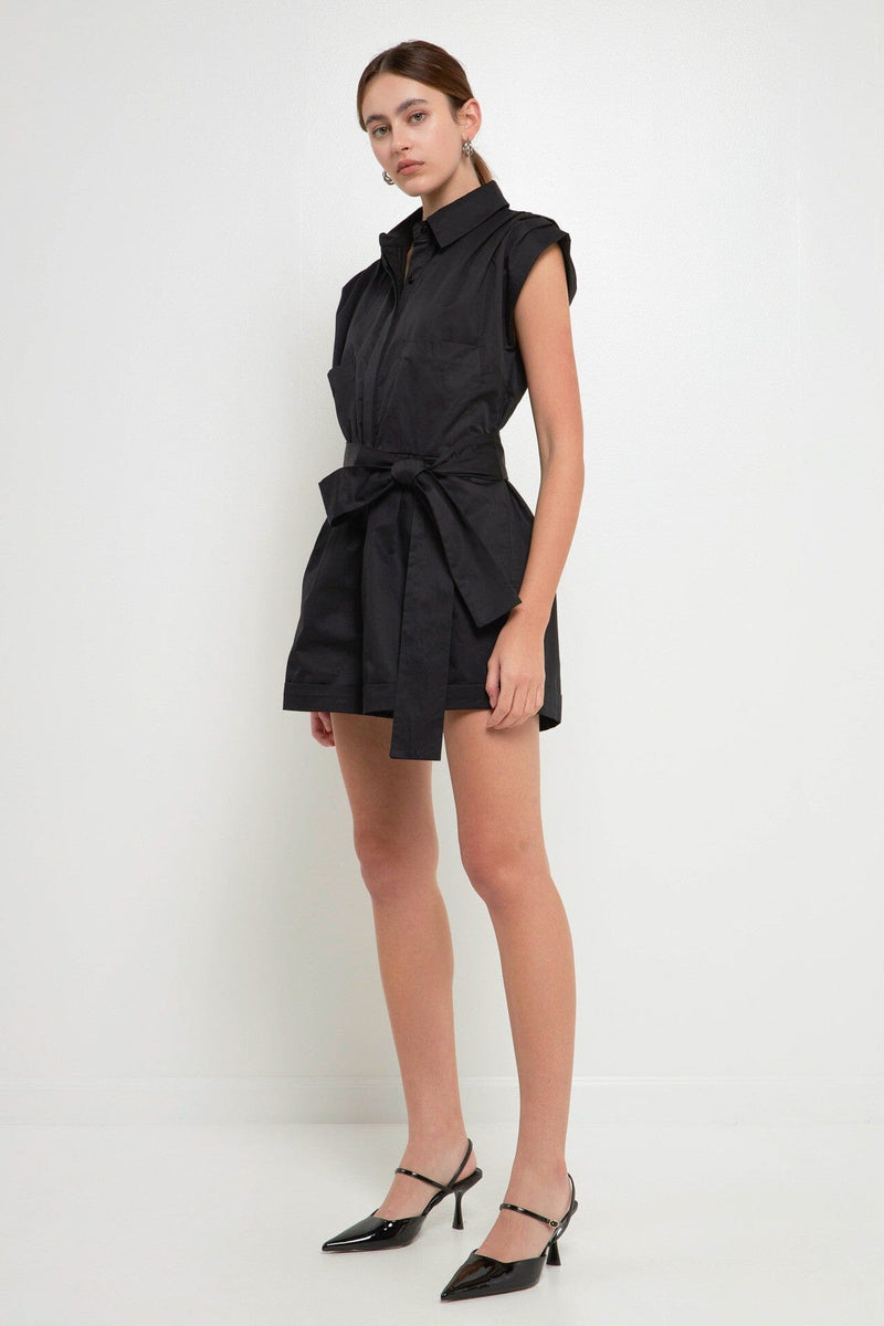 Ruched Collared Romper - Black