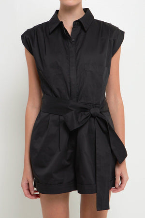 Ruched Collared Romper - Black