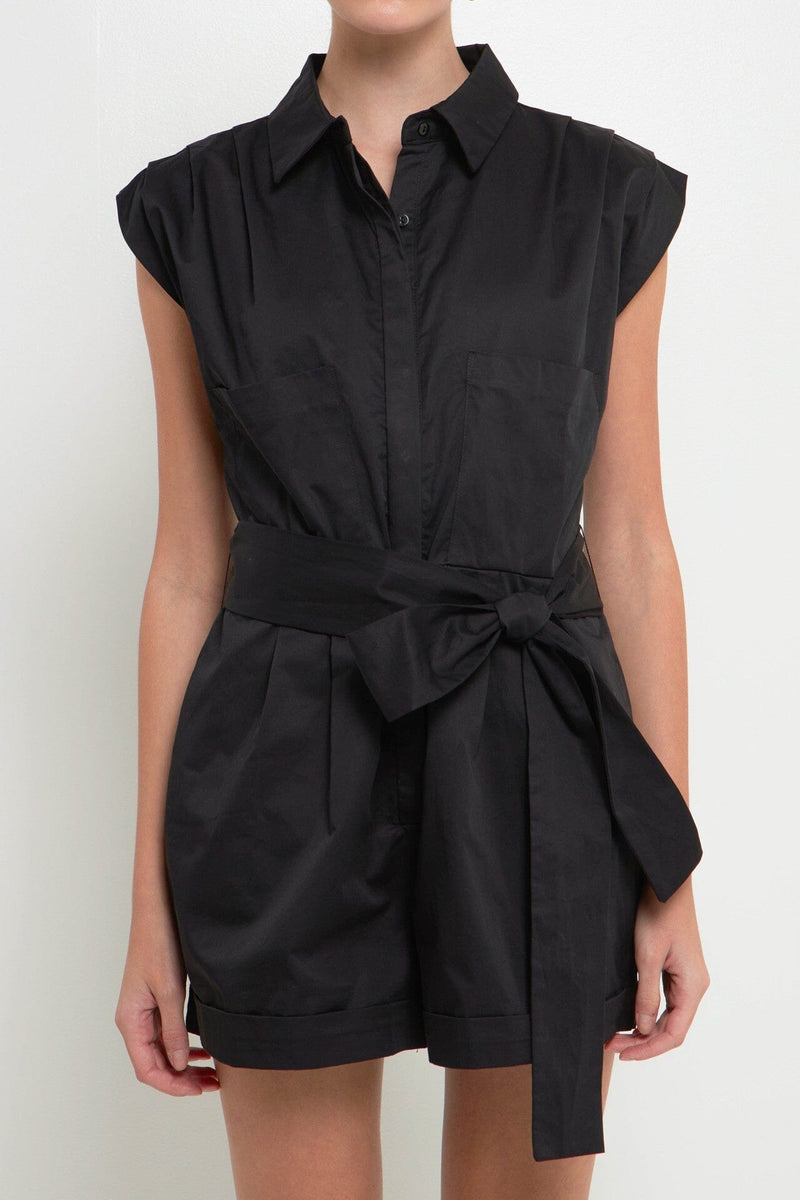 Ruched Collared Romper - Black