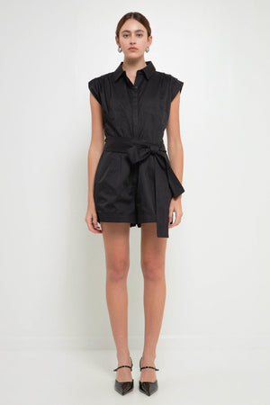 Ruched Collared Romper - Black