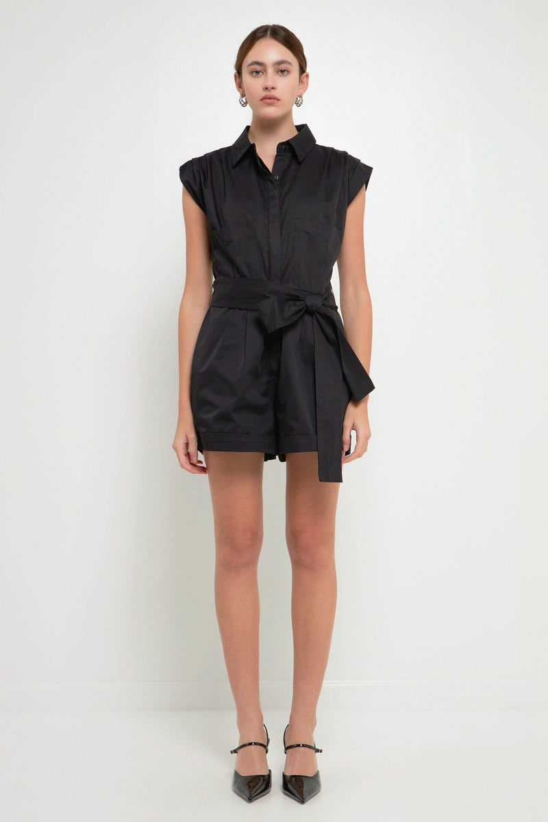 Ruched Collared Romper - Black