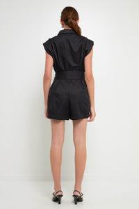 Ruched Collared Romper - Black