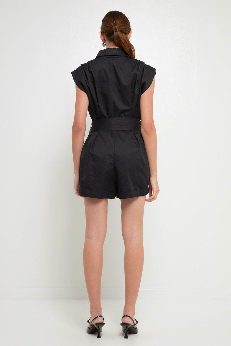 Ruched Collared Romper - Black