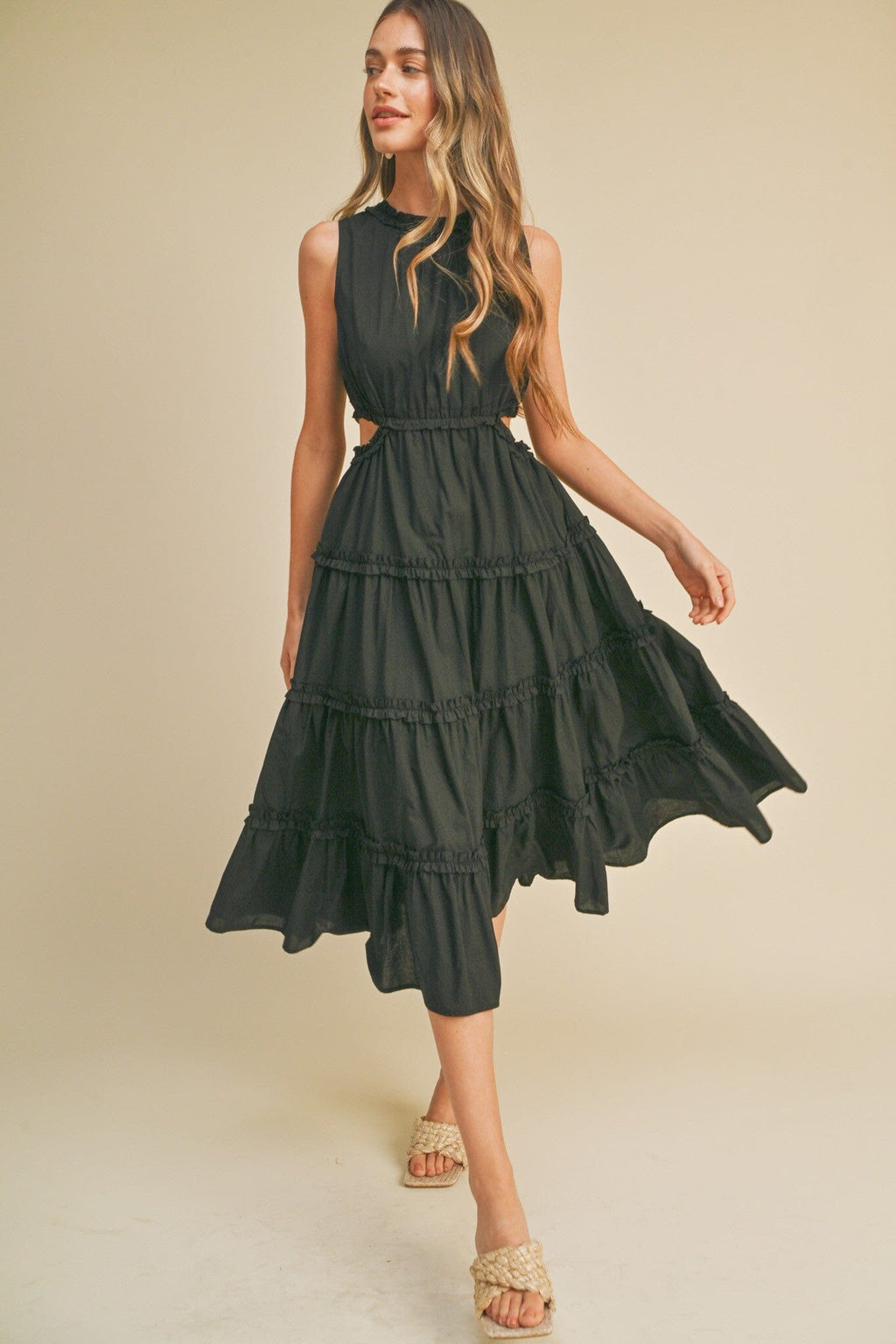 Tiered Ruffle Midi Dress - Black