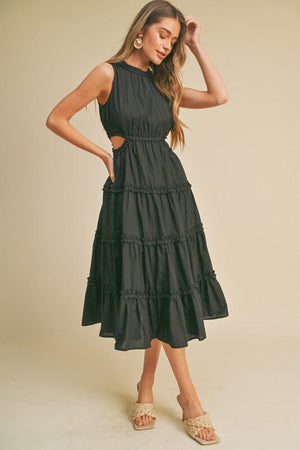 Tiered Ruffle Midi Dress - Black