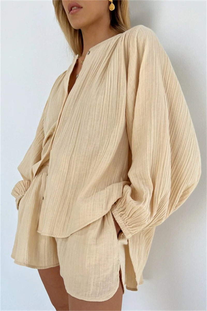 Bubble Sleeve Shorts Set - Beige