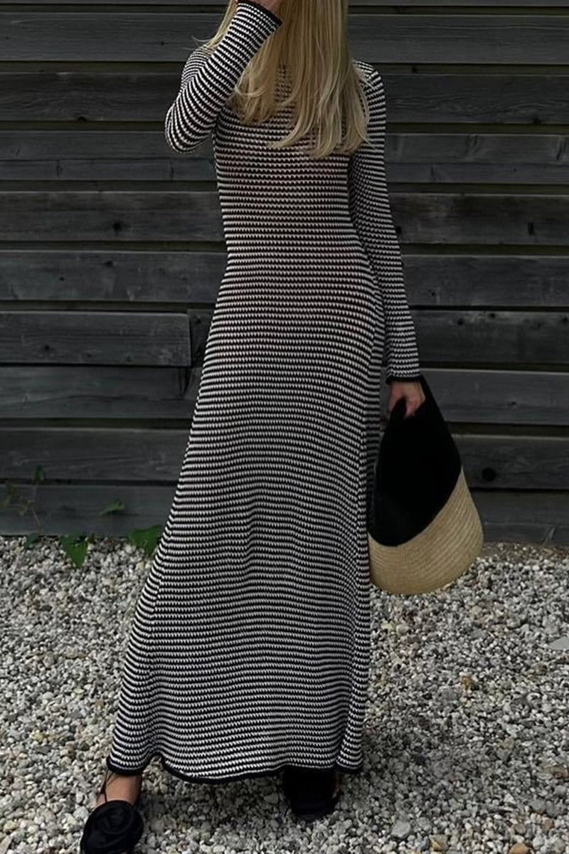 Striped Knit Maxi Dress - Black + White