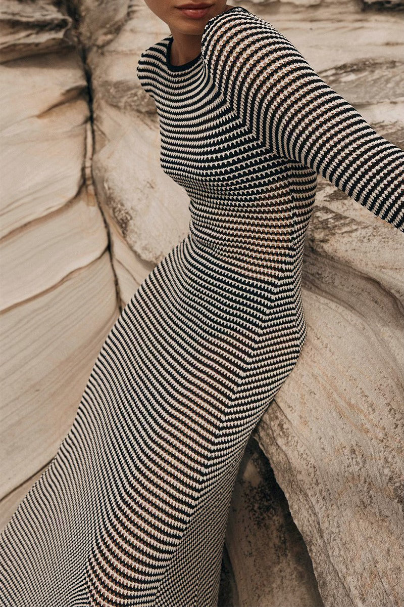 Striped Knit Maxi Dress - Black + White