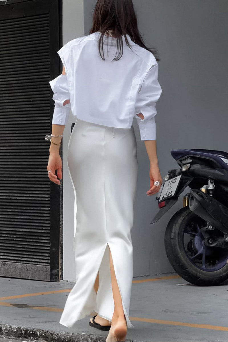 Stretch Satin Slit Midi Skirt - White