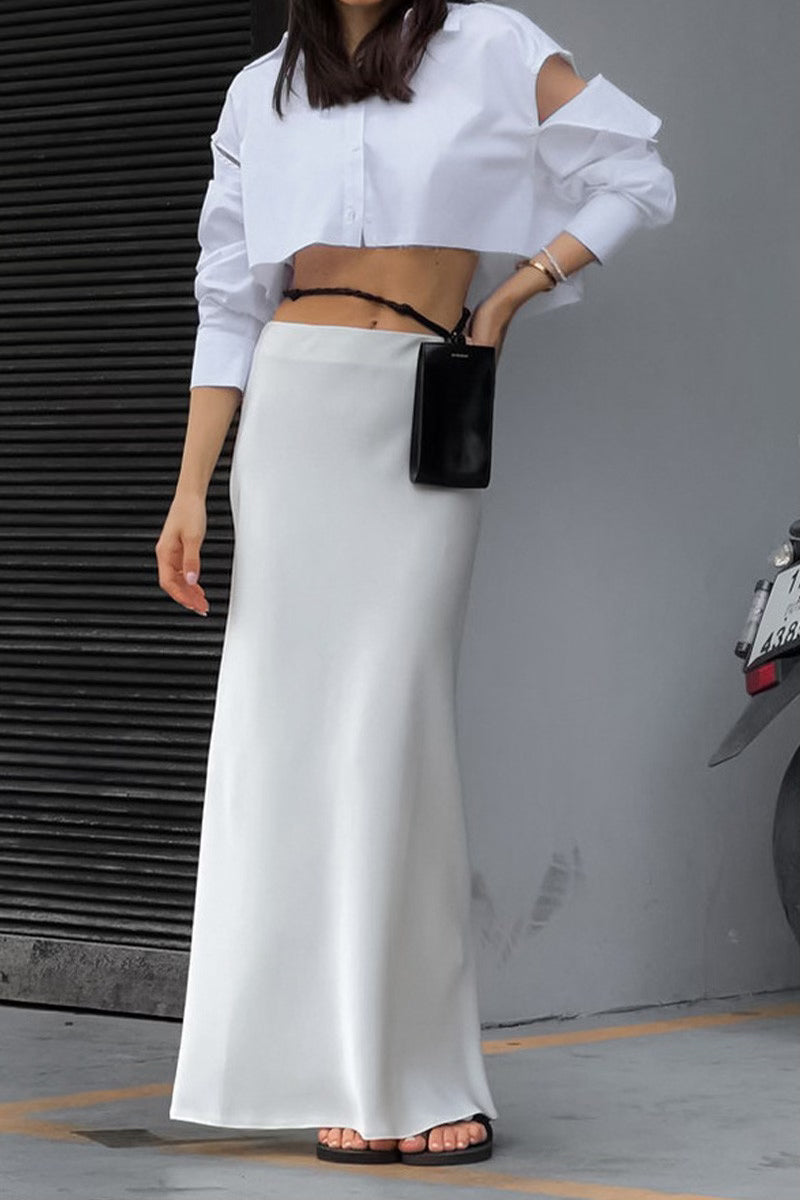 Stretch Satin Slit Midi Skirt - White