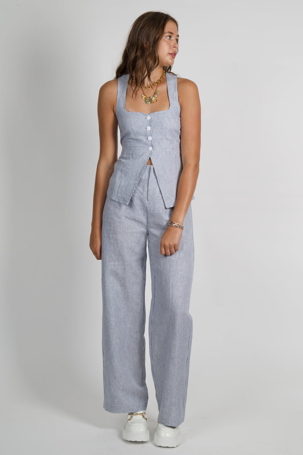 OLIVACEOUS | Pinstripe Linen Vest - Chambray