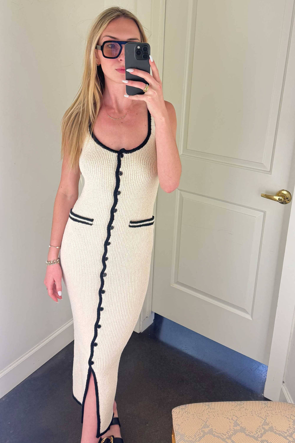 Boucle Buttoned Up Dress - Creme