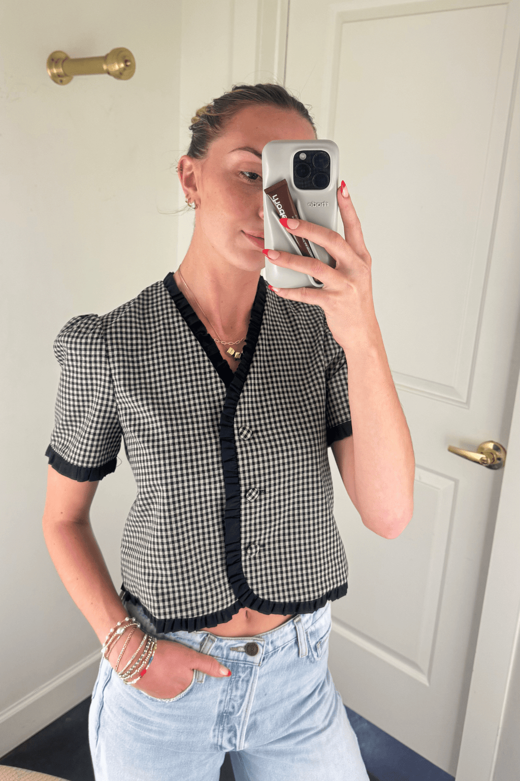 OLIVACEOUS | Checked Out Linen Blouse - Black\Taupe