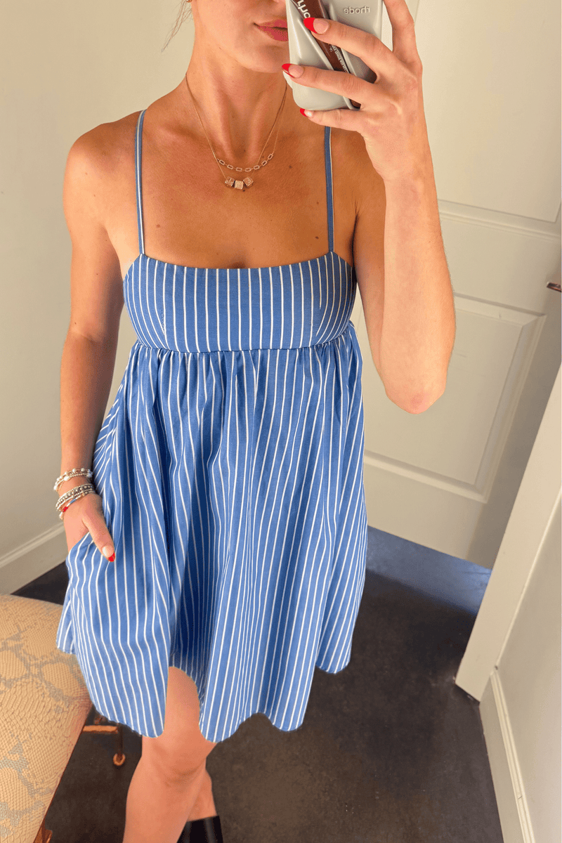 OLIVACEOUS | Pinstripe Babydoll Dress - Blue