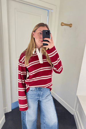ENGLISH FACTORY | Striped Polo Shirt - Burgundy/Cream