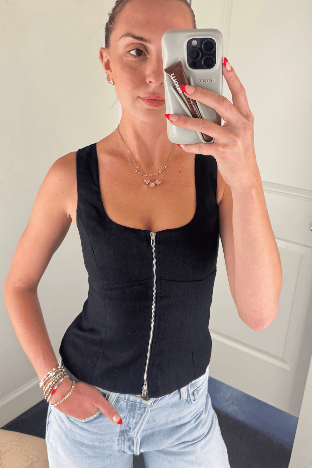OLIVACEOUS | Zip It Linen Top - Black