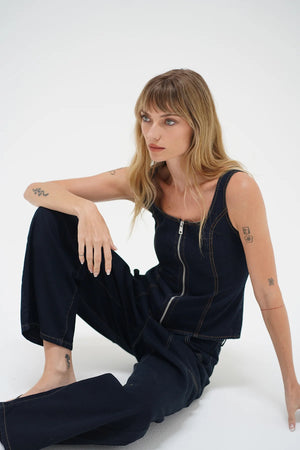 LNA | Gili Zip Tank - Raw Look Denim