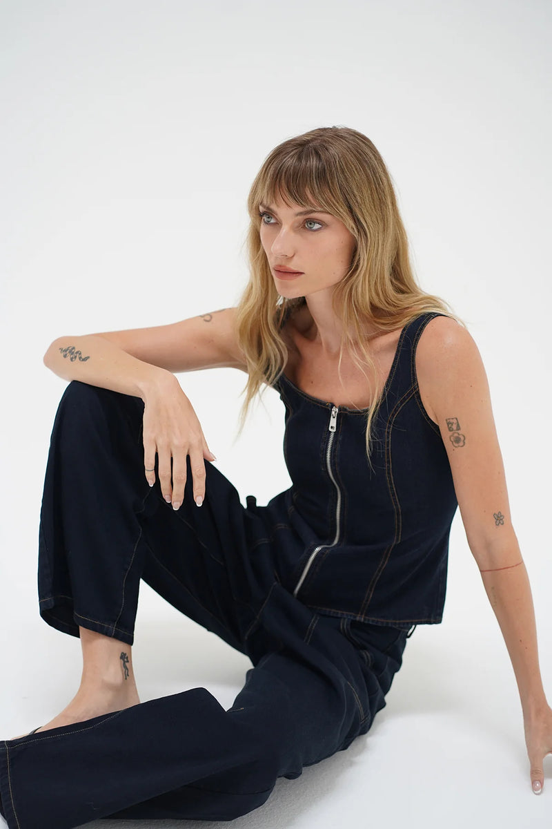 LNA | Gili Zip Tank - Raw Look Denim