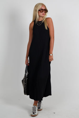 ENGLISH FACTORY | Pleated A-line Knit Midi Dress - Black