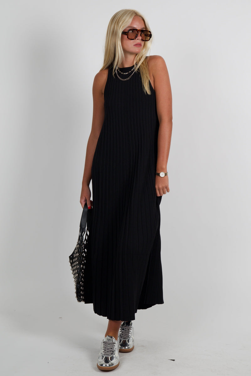ENGLISH FACTORY | Pleated A-line Knit Midi Dress - Black