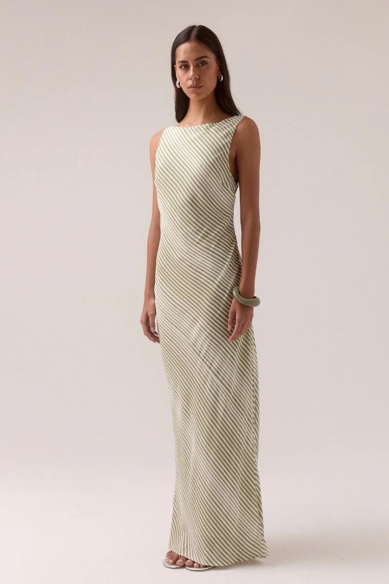 SOVERE | Vista Bias Dress - Olive Stripe