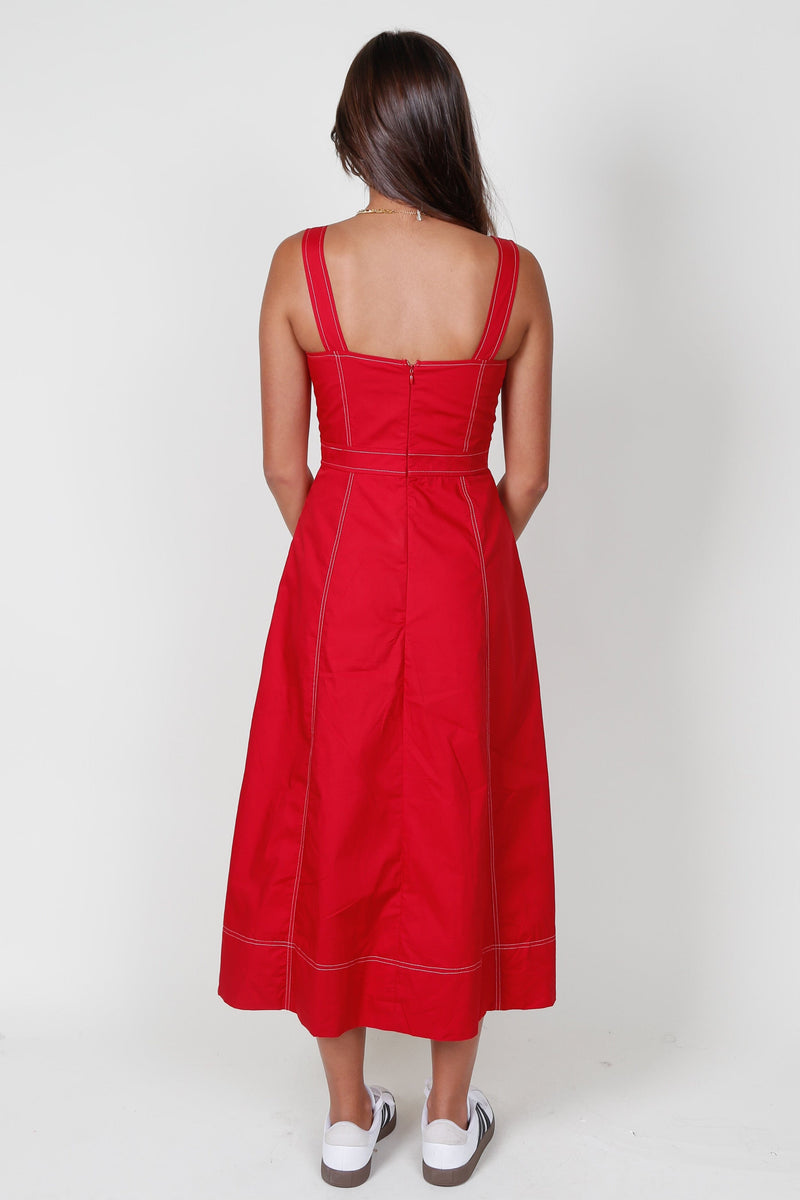 AUREUM | Contrast Stitch Plunge Dress - Red
