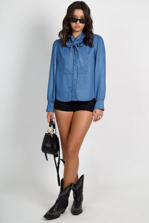 DEREK LAM | Majah Tencel Tie Neck Shirt- Denim