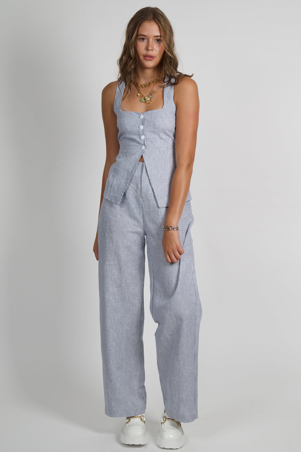 OLIVACEOUS | Pinstripe Highwaisted Pants - Chambray