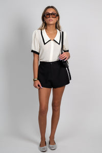 Contrast Collar Blouse - Cream + Black