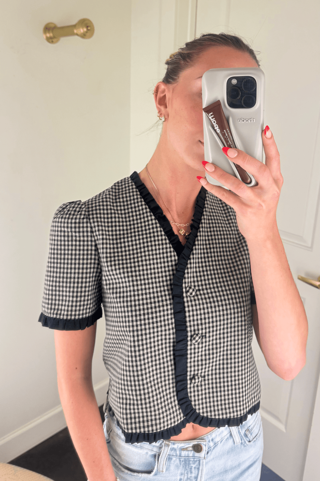 OLIVACEOUS | Checked Out Linen Blouse - Black\Taupe