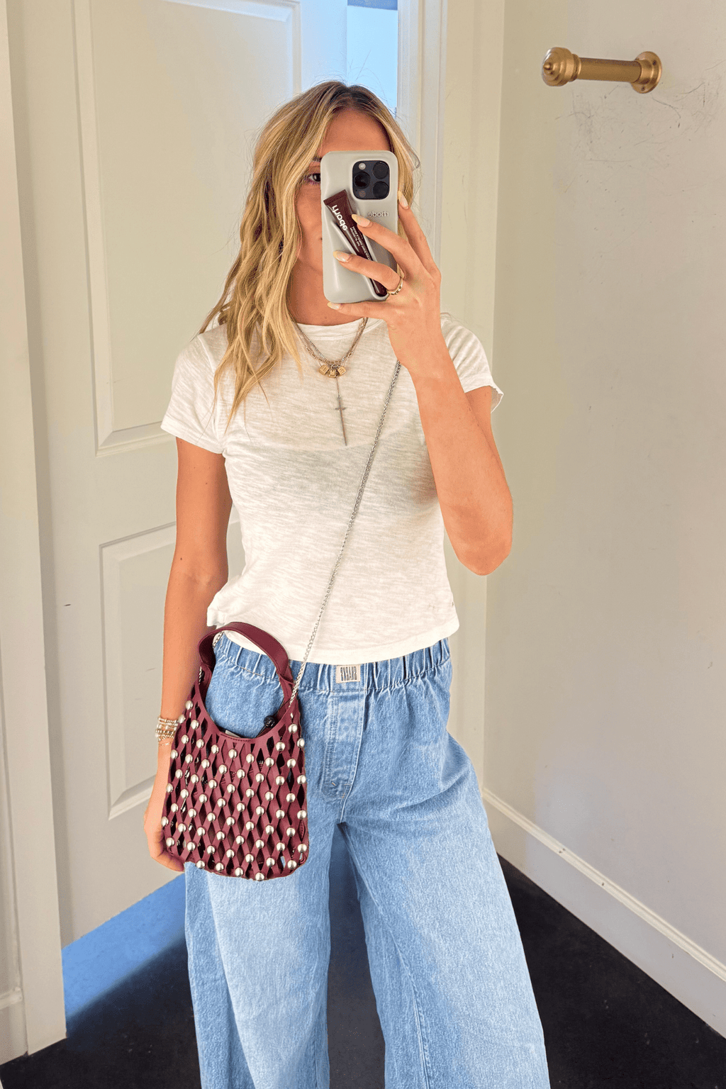 Studded Cross-Body Bucket Bag - Red