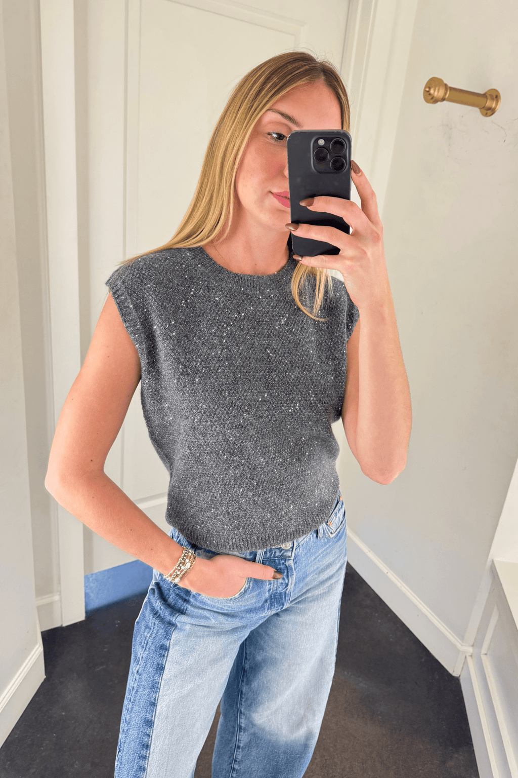 LUCY PARIS | Mikey Sequin Knit Top - Grey