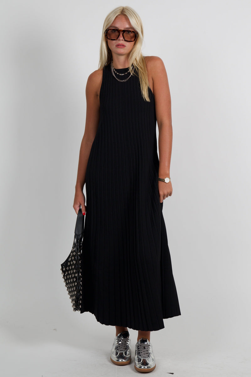 ENGLISH FACTORY | Pleated A-line Knit Midi Dress - Black