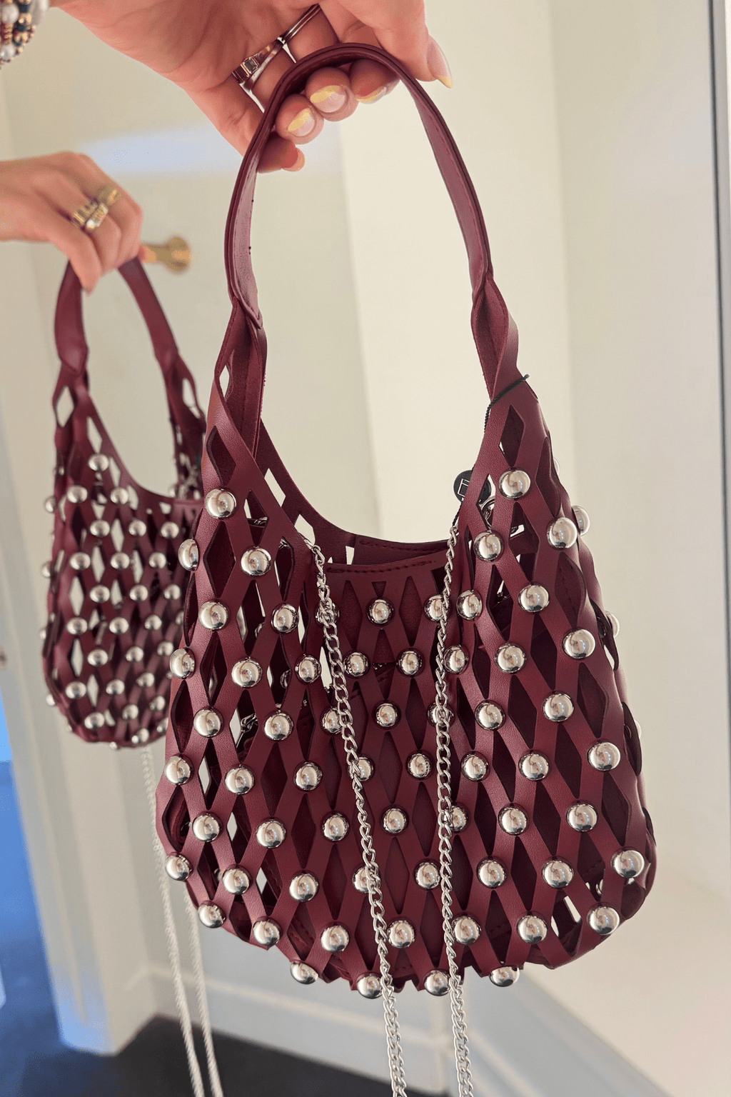 Studded Cross-Body Bucket Bag - Red