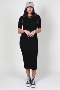ENZA COSTA | Silk Rib Half Sleeve Midi Dress - Black