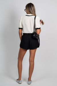 Contrast Collar Blouse - Cream + Black