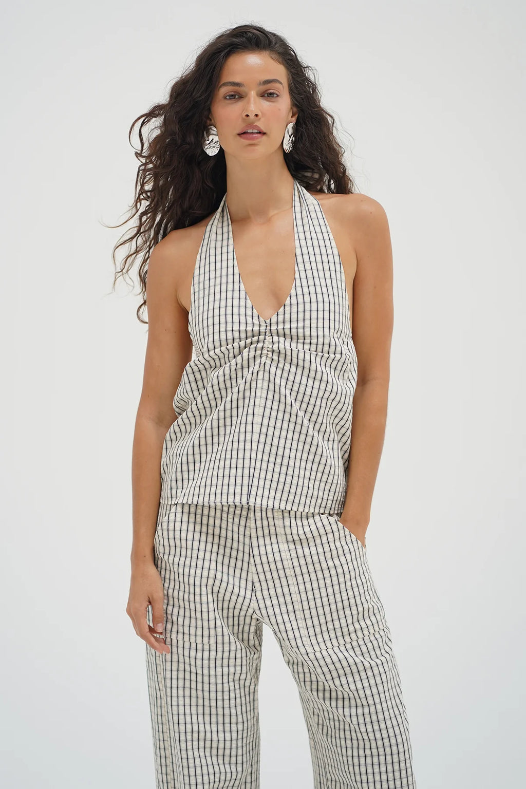 LNA | Cora Plaid Halter - Cream/Black