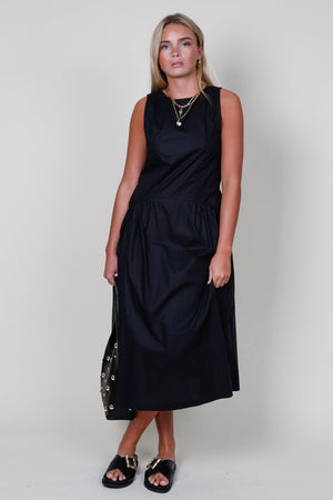 Poplin Drop Waist Maxi Dress - Black