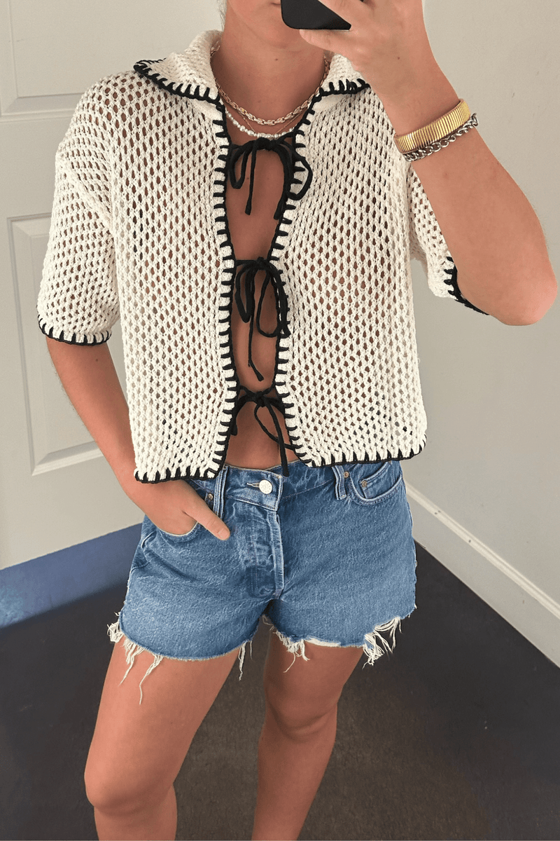 Contrast Crochet Knit Top - White