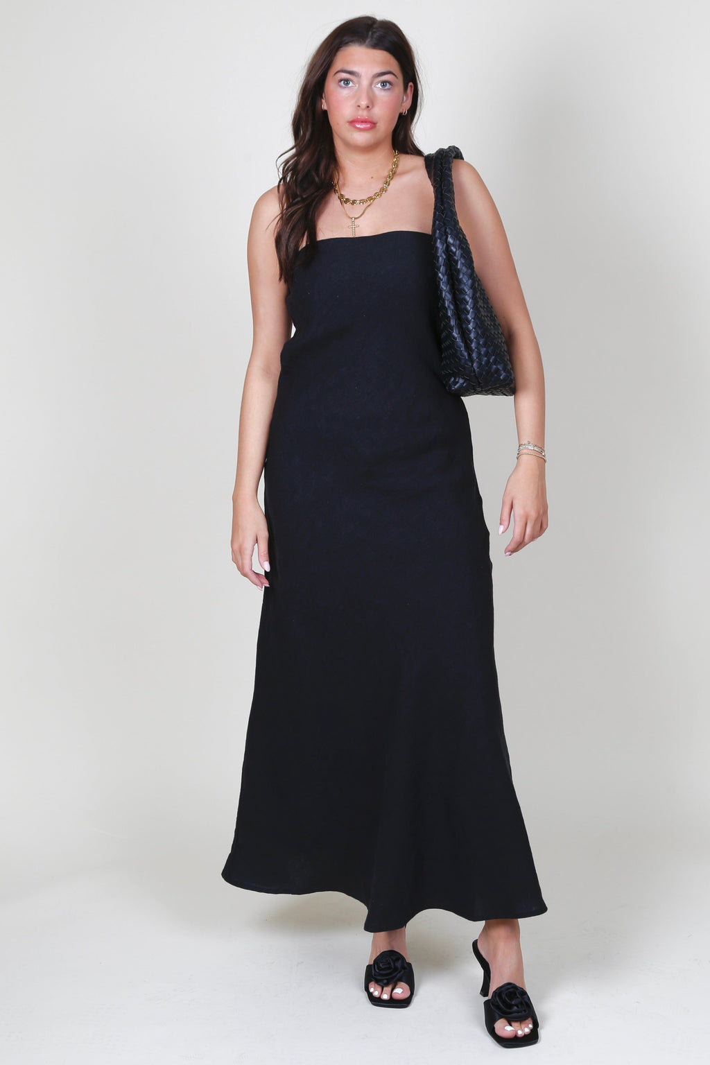 Long Strapless Linen Dress - Black