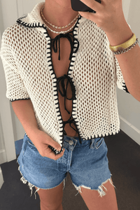 Contrast Crochet Knit Top - White