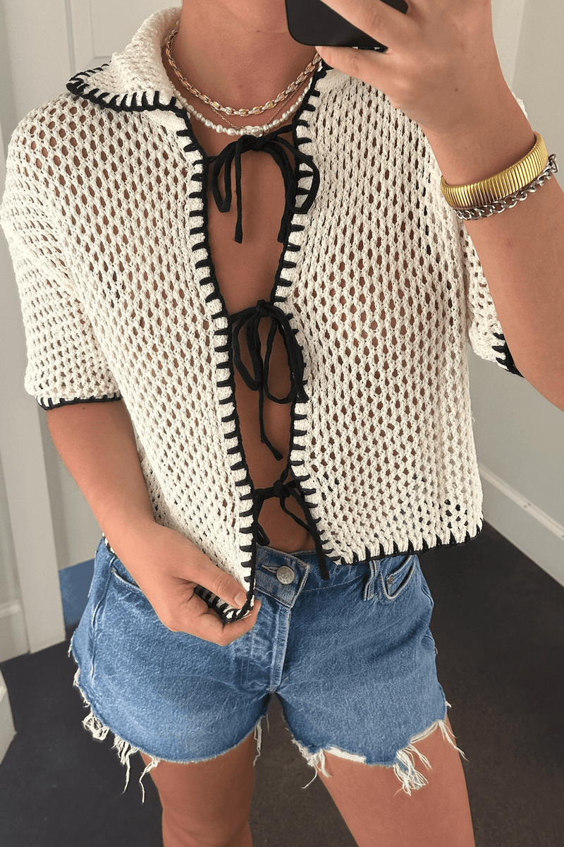 Contrast Crochet Knit Top - White