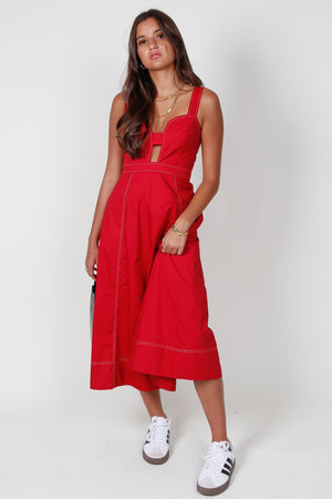 AUREUM | Contrast Stitch Plunge Dress - Red