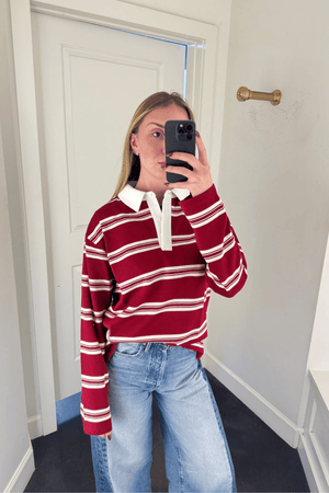 ENGLISH FACTORY | Striped Polo Shirt - Burgundy/Cream