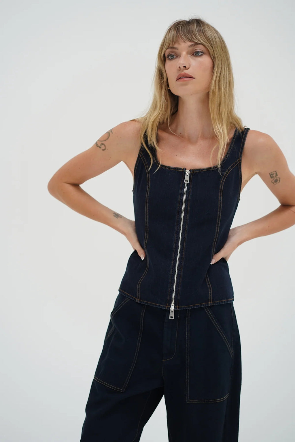 LNA | Gili Zip Tank - Raw Look Denim