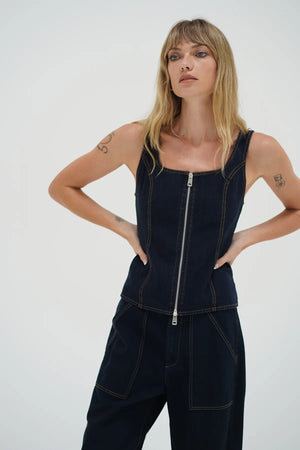 LNA | Gili Zip Tank - Raw Look Denim